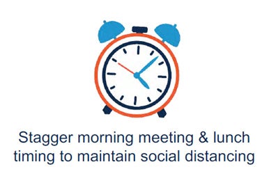 Stagger morning meeting and lunch timing to maintain social distancing.